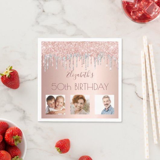 Serviette En Papier Photo de fête d'anniversaire rose or parties scint (En situation)