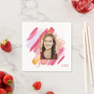 Serviette En Papier Photo de graduation moderne en rose et en or
