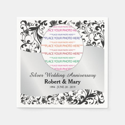 Serviette En Papier Photo de l'anniversaire du Mariage Black Swirl & S (Devant)