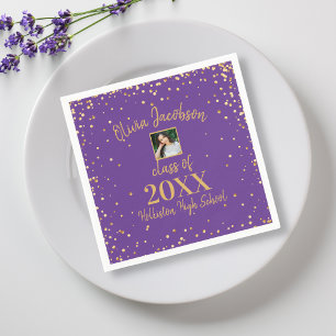 Serviette En Papier Photo Grad, Gold Confetti, Graduation Party Purple
