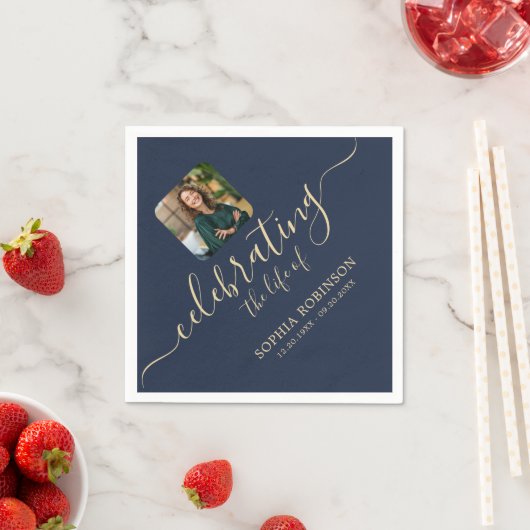 Serviette En Papier Photo Modern Elegant Gold Script Blue Funeral (En situation)