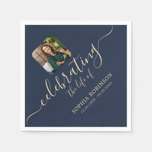 Serviette En Papier Photo Modern Elegant Gold Script Blue Funeral (Devant)