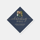 Serviette En Papier  Photo Modern Elegant Gold Script Blue Funeral (Coin)