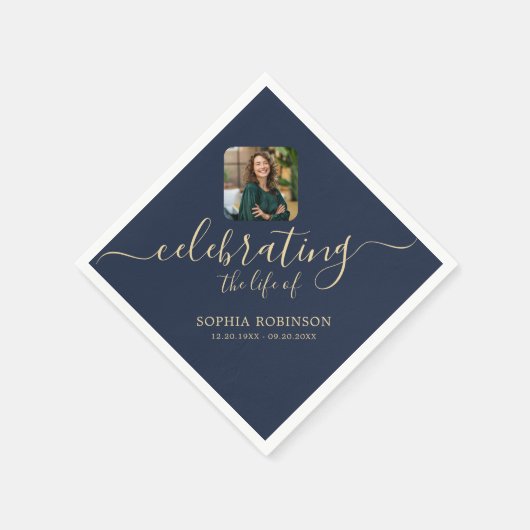Serviette En Papier Photo Modern Elegant Gold Script Blue Funeral (Coin)
