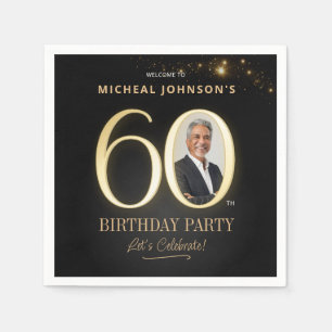 Serviette En Papier Photo personnalisé 60e anniversaire noir et or