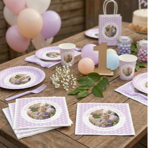 Serviette En Papier Photo personnalisé d'anniversaire et pois violets