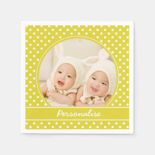 Serviette En Papier Photo personnalisée et nom de la Polka jaune vif