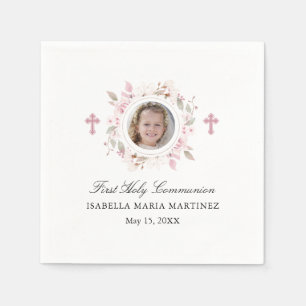 Serviette En Papier Photo personnalisée Première communion rose floral