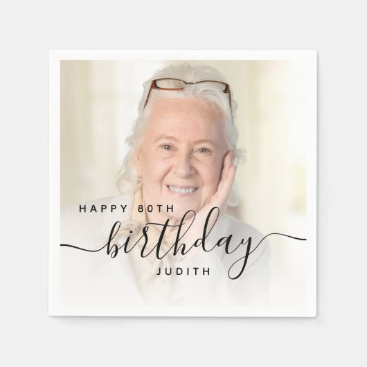 Serviette En Papier Photo personnalisée Script noir 80e anniversaire (Devant)