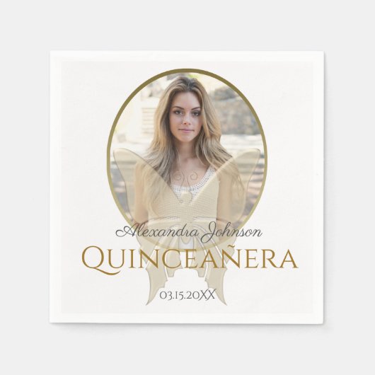 Serviette En Papier Photo Quinceanera 15e Anniversaire Papillon d'or (Devant)