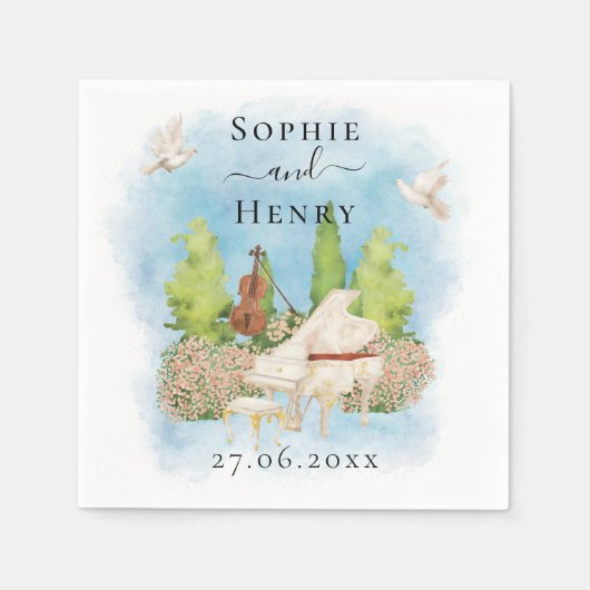 Serviette En Papier Piano élégant| Fleurs violon colombes Mariage Luxe (Devant)
