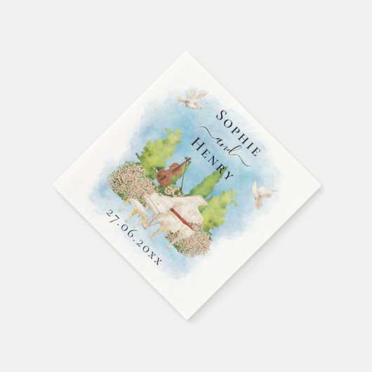 Serviette En Papier Piano élégant| Fleurs violon colombes Mariage Luxe (Coin)