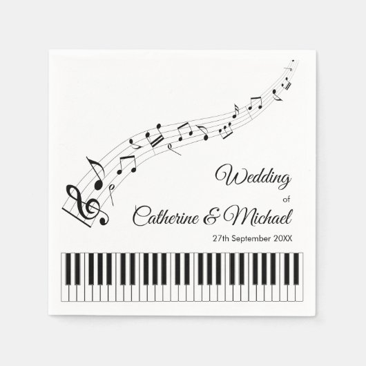 Serviette En Papier Piano Keys Notes musicales Mariage noir et blanc (Devant)