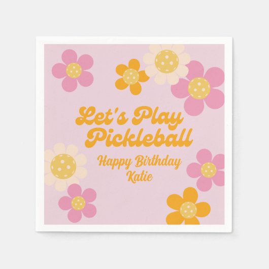 Serviette En Papier Pickleball Party Super Retro Rose Orange Fleurs (Devant)