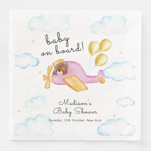 Serviette En Papier Pilot Teddy Bear Balloon Airplane Baby Shower (Devant)