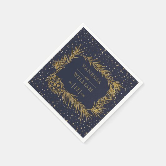 Serviette En Papier Pin d'or, cônes minuit bleu mariage de Noël (Coin)