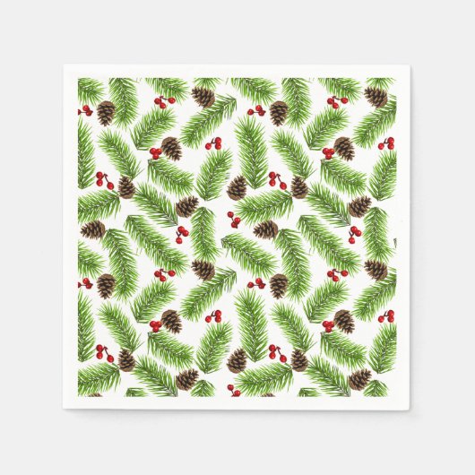 Serviette En Papier Pin vert de Noël Feuilles, cônes et baies rouges (Devant)