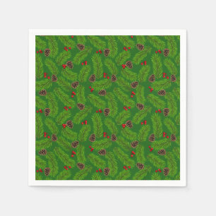 Serviette En Papier Pin vert de Noël Feuilles, cônes et baies rouges