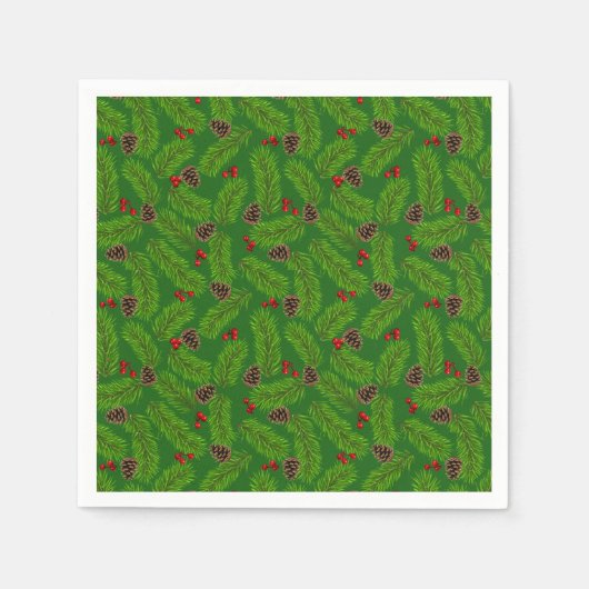 Serviette En Papier Pin vert de Noël Feuilles, cônes et baies rouges (Devant)