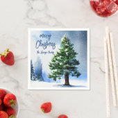Serviette En Papier Pine Arbre avec Aquarelle de neige Peinture Noël (En situation)