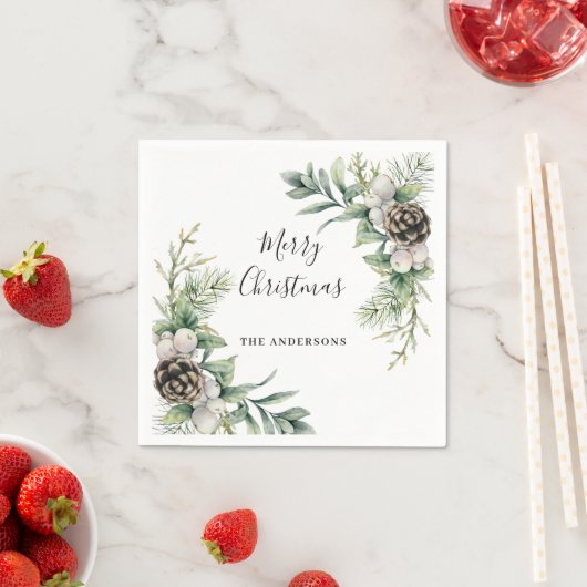Serviette En Papier Pine cônes blanc vert Noël (En situation)