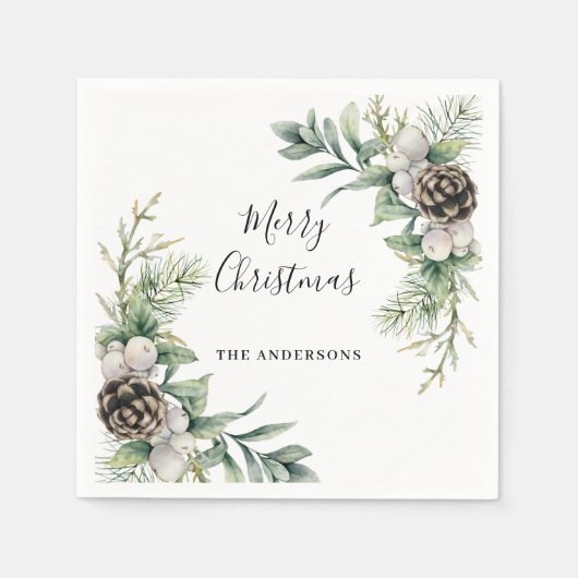 Serviette En Papier Pine cônes blanc vert Noël (Devant)