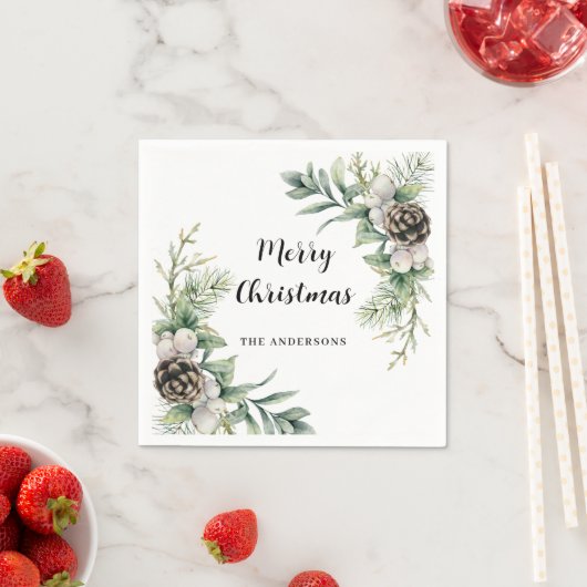 Serviette En Papier Pine cônes blanc vert Noël (En situation)