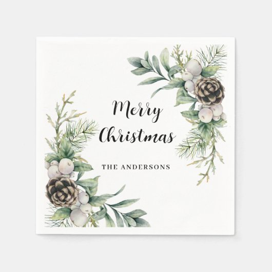 Serviette En Papier Pine cônes blanc vert Noël (Devant)