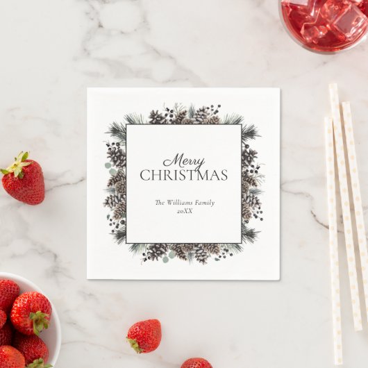 Serviette En Papier Pinecone d'hiver noir rustique Joyeux Noël (En situation)