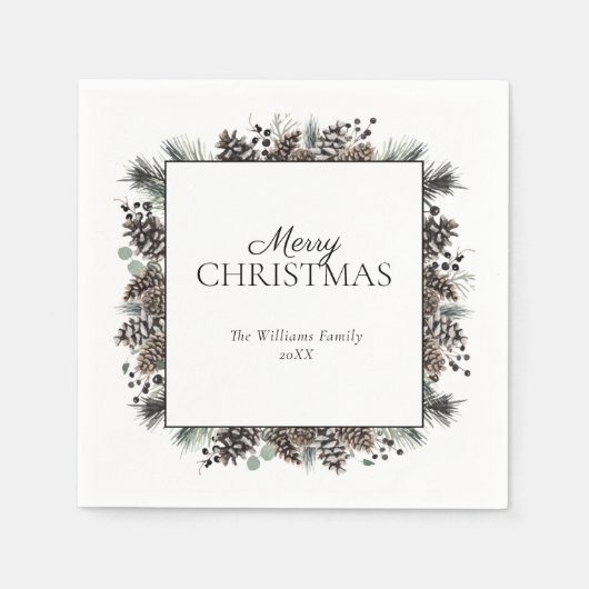 Serviette En Papier Pinecone d'hiver noir rustique Joyeux Noël (Devant)