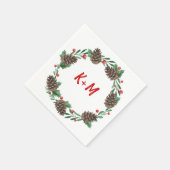 Serviette En Papier Pinecone Wreath Berry Mariage de Noël Monogramme (Coin)