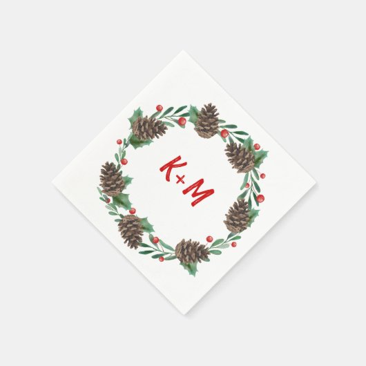 Serviette En Papier Pinecone Wreath Berry Mariage de Noël Monogramme (Coin)
