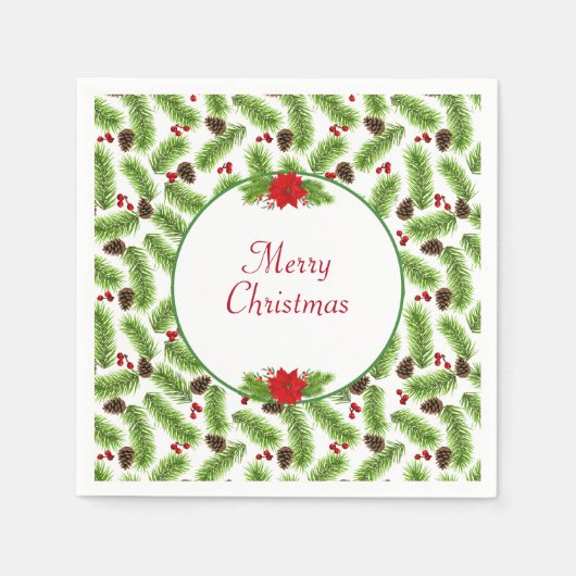 Serviette En Papier Pinecones de Noël personnalisées et baies rouges (Devant)
