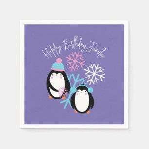 Serviette En Papier Pingouin Anniversaire Snowflakes Pink Blue Winter 