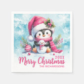 Serviette En Papier Pingouin bleu et rose personnalisé Joyeux Noël (Devant)