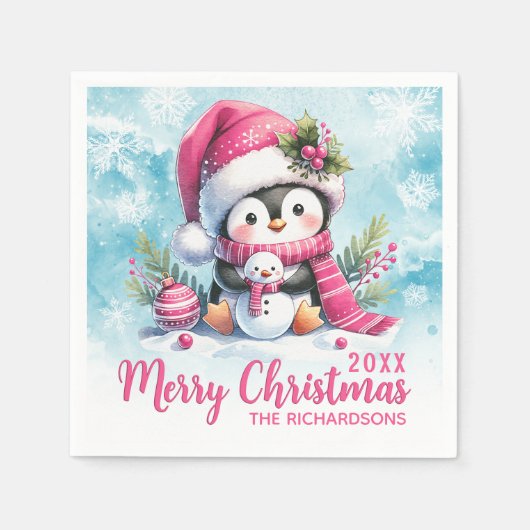 Serviette En Papier Pingouin bleu et rose personnalisé Joyeux Noël (Devant)
