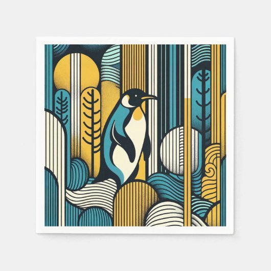 Serviette En Papier Pingouin bleu Turquoise jaune moutarde en géométri (Devant)