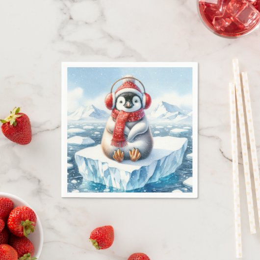 Serviette En Papier Pingouin d'hiver dans les flocons de neige (En situation)