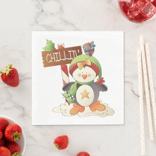Serviette En Papier Pingouin d'hiver et oiseau Chillin Noël (En situation)
