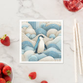 Serviette En Papier Pingouin En Crème Bleu Vagues Abstraites (En situation)
