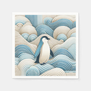 Serviette En Papier Pingouin En Crème Bleu Vagues Abstraites