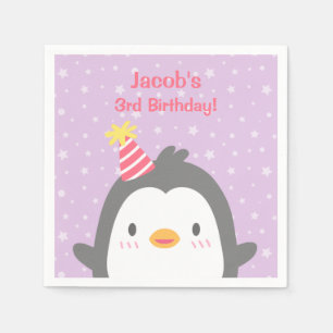 Serviette En Papier Pingouin mignon avec Casquette violet fête d'anniv