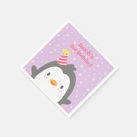 Serviette En Papier Pingouin mignon avec Casquette violet fête d'anniv (Coin)