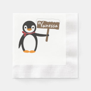 Serviette En Papier Pingouin mignon avec écusson et signe en bois