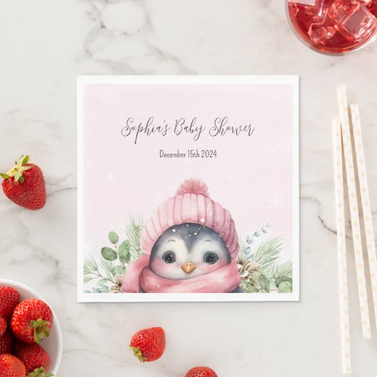 Serviette En Papier Pingouin rose mignonne Baby shower d'hiver serviet (En situation)