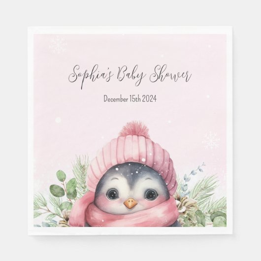 Serviette En Papier Pingouin rose mignonne Baby shower d'hiver serviet (Devant)