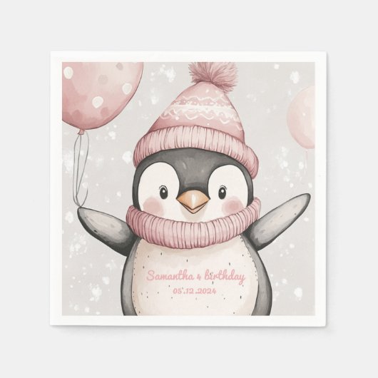 Serviette En Papier Pingouin Whimsical Anniversaire Napkin | rose vint (Devant)