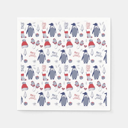 Serviette En Papier Pingouins de Noël mignons Casquette Gants Motif (Devant)