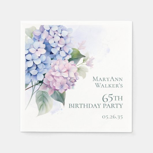 Serviette En Papier Pink Blue Hydrangeas 65ème anniversaire (Devant)