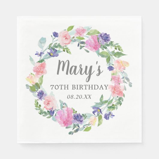 Serviette En Papier Pink Blue Purple Floral 70e anniversaire (Devant)